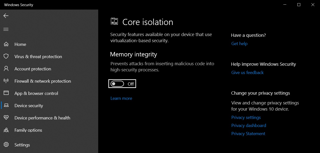 Error please enable memory integrity to continue. Error please enable memory integrity to continue